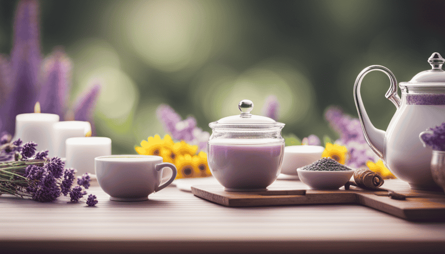 An image showcasing a serene, pastel-toned tea set adorned with various herbal ingredients like chamomile, ginger, raspberry leaf, and lavender, symbolizing the soothing qualities of herbal teas for menstrual relief