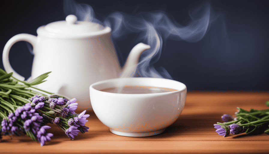 An image showcasing a serene setting with a warm mug of chamomile tea, surrounded by fresh lavender and peppermint leaves