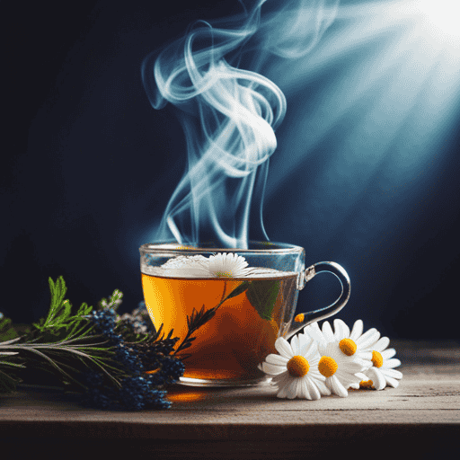An image showcasing a steaming cup of chamomile tea, surrounded by fresh herbs like thyme, ginger, and eucalyptus leaves