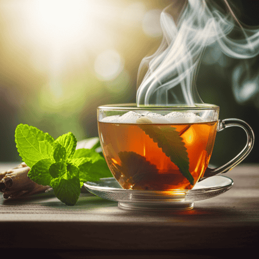 An image of a serene, pastel-hued cup of chamomile tea with delicate steam rising, adorned with fresh mint leaves and slices of ginger, evoking a soothing and comforting remedy for nausea