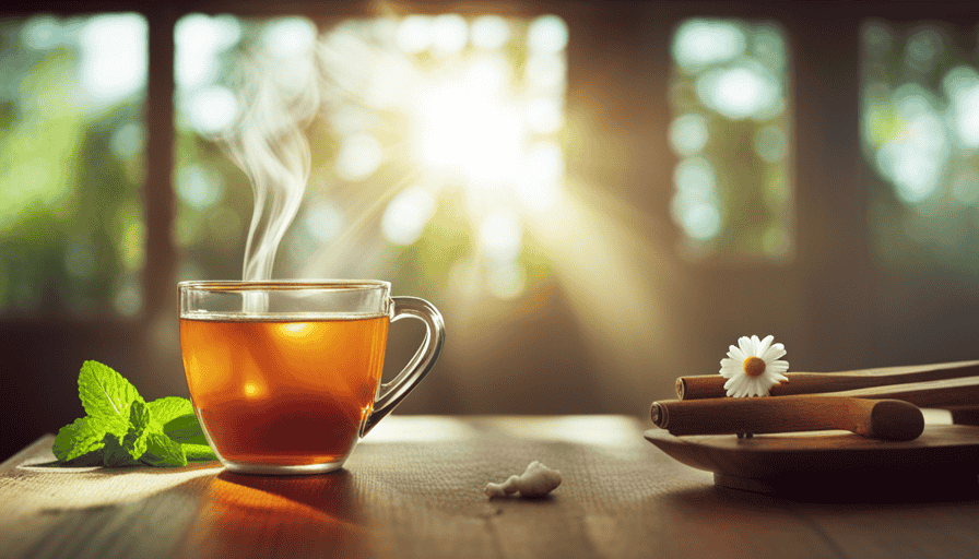 An image depicting a serene scene of a steaming cup of chamomile tea, surrounded by soothing mint leaves and fresh ginger slices, emanating a calming aroma in a cozy, sunlit room