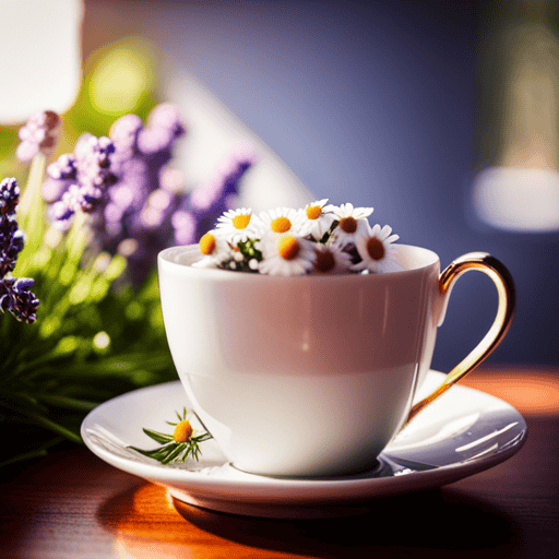 An image featuring a delicate porcelain teacup filled with steaming chamomile tea, surrounded by vibrant lavender flowers and calming green leaves