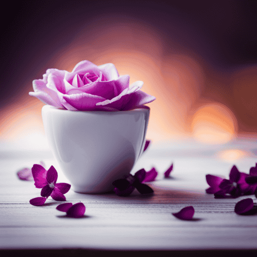 An image showcasing a delicate porcelain teacup filled with steaming chamomile tea, adorned with vibrant pink rose petals and soothing lavender sprigs, symbolizing the healing properties of herbal tea for ovarian cyst relief