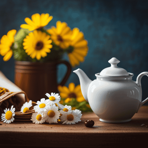 An image showcasing a warm cup of chamomile tea, surrounded by vibrant yellow flowers, soothingly steeping in a teapot, alongside a delicate bunch of dried cranberries and a sprig of fresh thyme