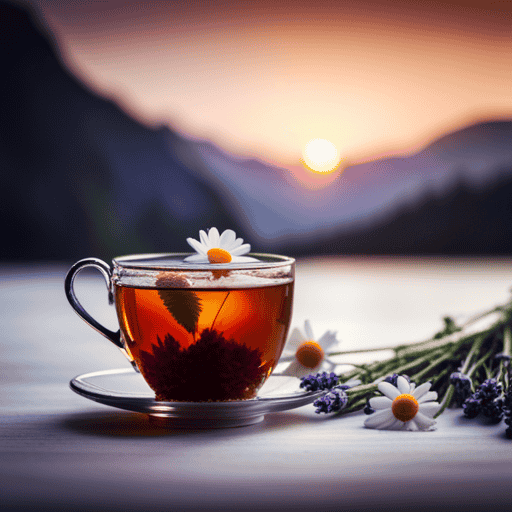 An image showcasing a soothing cup of chamomile tea with delicate golden flowers floating in the steam