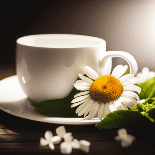An image showcasing a soothing cup of chamomile tea, with delicate white petals floating in the steam, surrounded by healing herbs like licorice root and marshmallow leaf, offering relief for peptic ulcers
