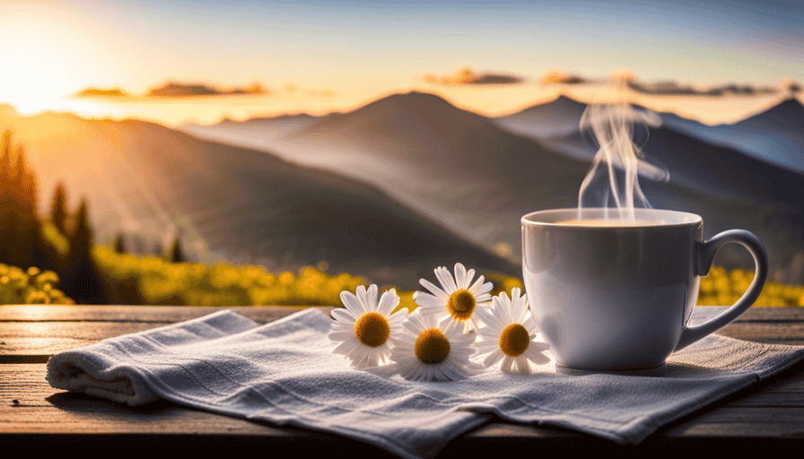 An image depicting a serene setting with a steaming cup of chamomile tea surrounded by fresh chamomile flowers, lavender sprigs, and a warm towel