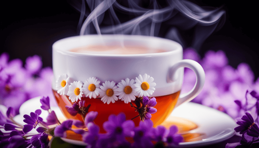 An image depicting a serene scene of a warm, inviting herbal tea cup with aromatic steam wafting gently, surrounded by vibrant chamomile flowers and soothing lavender sprigs