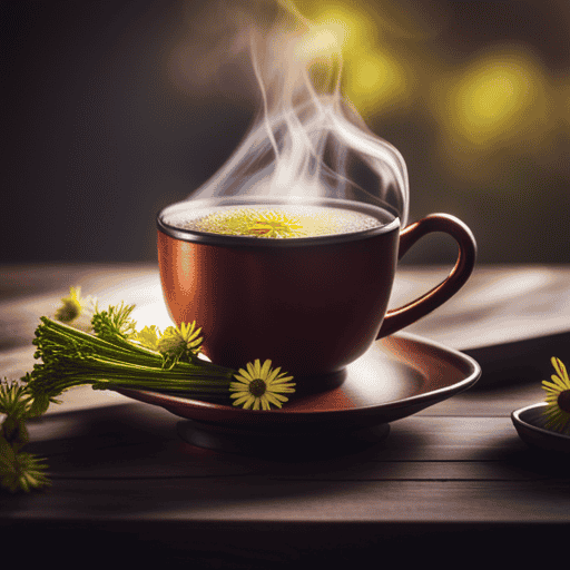 An image showcasing an inviting cup of steaming herbal tea, brimming with soothing chamomile flowers, dried peppermint leaves, and fennel seeds