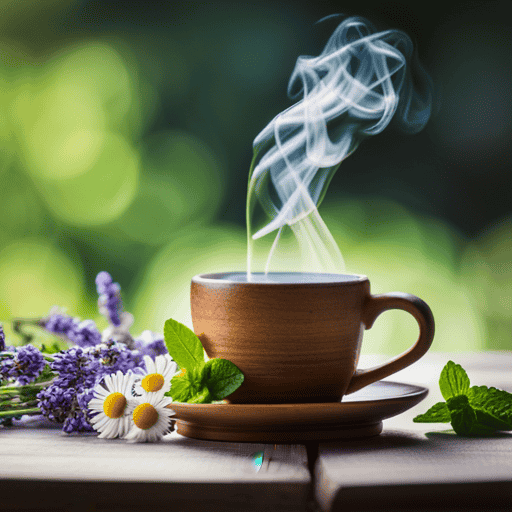 An image showcasing a serene scene of a rustic wooden table adorned with a steaming cup of chamomile tea, surrounded by vibrant green mint leaves and soothing lavender buds, evoking a calming and gentle solution for optimal digestion
