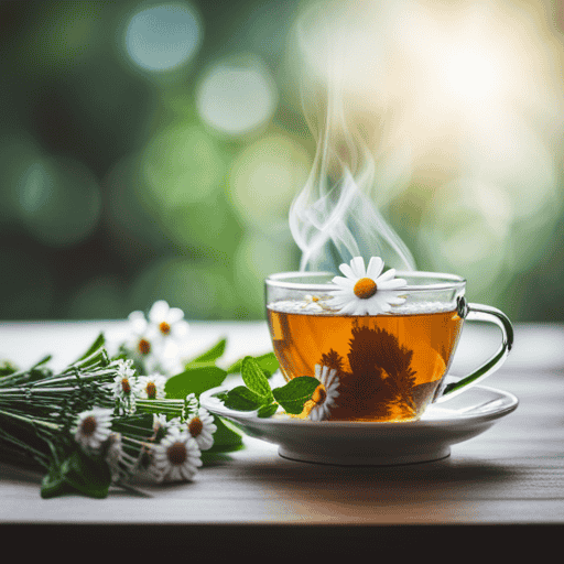 An image showcasing a serene scene: a steaming cup of chamomile tea with delicate white flowers floating on its surface, surrounded by fresh herbs like eucalyptus, peppermint, and thyme, evoking a soothing atmosphere for relieving post nasal drip