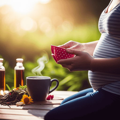 An image featuring a serene pregnant woman cradling her baby bump, surrounded by vibrant and diverse herbal tea ingredients like chamomile, ginger, and raspberry leaf, symbolizing the nurturing power of herbal teas for expectant and breastfeeding mothers