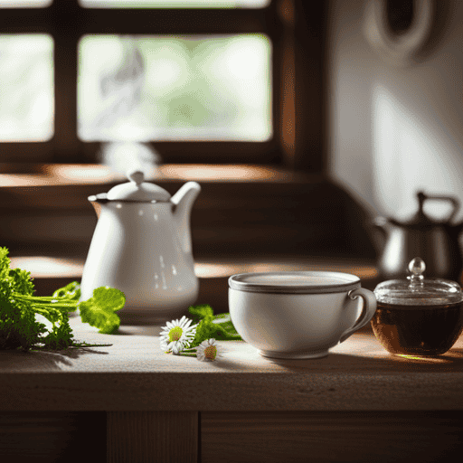 An image showcasing a serene, rustic kitchen scene, complete with a steaming cup of chamomile tea, fresh mint leaves, and a sprig of fennel, embodying the soothing qualities of herbal tea in relieving intestinal gas