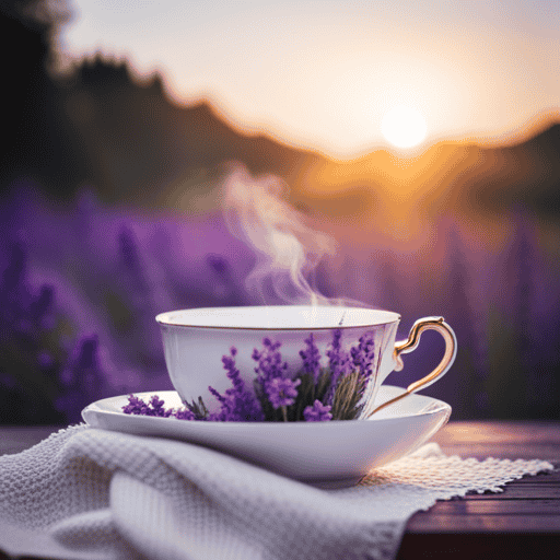 An image of a serene scene: a delicate teacup filled with herbal tea, steam gracefully rising, surrounded by calming elements like lavender sprigs, chamomile flowers, and a cozy blanket