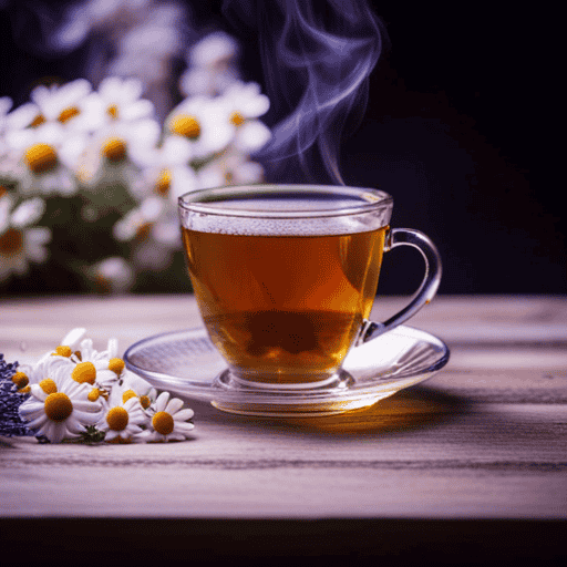 An image showcasing a steaming cup of chamomile tea, adorned with vibrant chamomile flowers and a slice of lemon