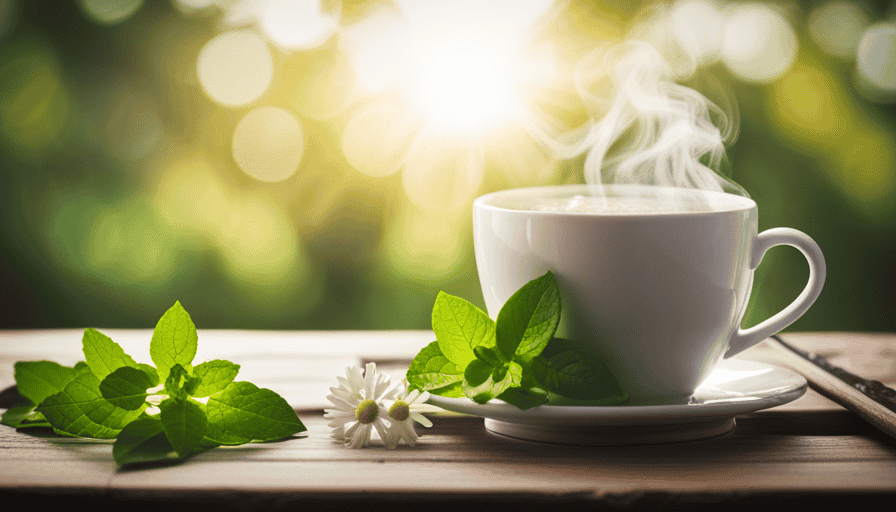 An image showcasing a steaming cup of herbal tea filled with aromatic eucalyptus leaves, chamomile flowers, and fresh mint sprigs, surrounded by a hazy mist, symbolizing relief from sinus congestion
