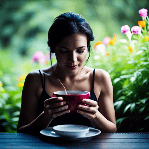 An image showcasing a serene scene of a woman with radiant and flawless skin, enjoying a cup of herbal tea infused with chamomile, lavender, and rose petals, surrounded by lush greenery