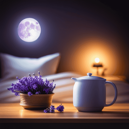 An image featuring a serene moonlit scene with a cozy bedroom; a cup of chamomile herbal tea steaming gently on a nightstand adorned with lavender sprigs, conveying a soothing atmosphere for a restful sleep aid