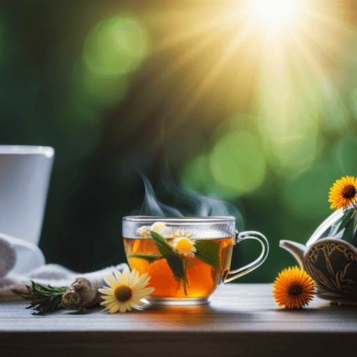 An image showcasing a comforting scene: a steaming cup of chamomile tea, surrounded by soothing herbs like ginger and echinacea, with a warm, cozy background evoking the feeling of relief and healing for a sore throat