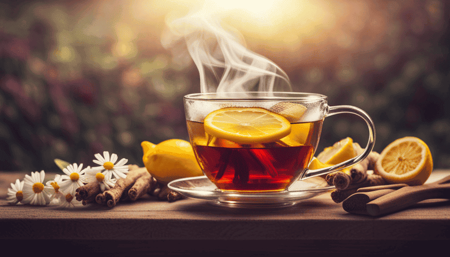 An image showcasing a comforting cup of warm herbal tea with steam gently rising from it, surrounded by soothing ingredients like chamomile flowers, lemon slices, and ginger roots, all known for their healing properties for soothing a sore throat