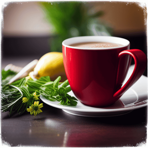 An image showcasing a cozy, warm mug filled with soothing herbal tea surrounded by a variety of aromatic herbs such as chamomile, peppermint, ginger, and fennel, symbolizing relief from stomach bloating
