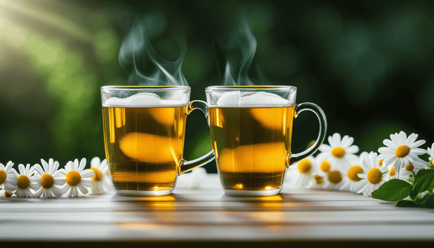 An image that showcases a soothing cup of chamomile tea, steaming gently in a delicate, porcelain mug adorned with chamomile flowers, against a backdrop of calming green leaves and a sprig of fresh peppermint