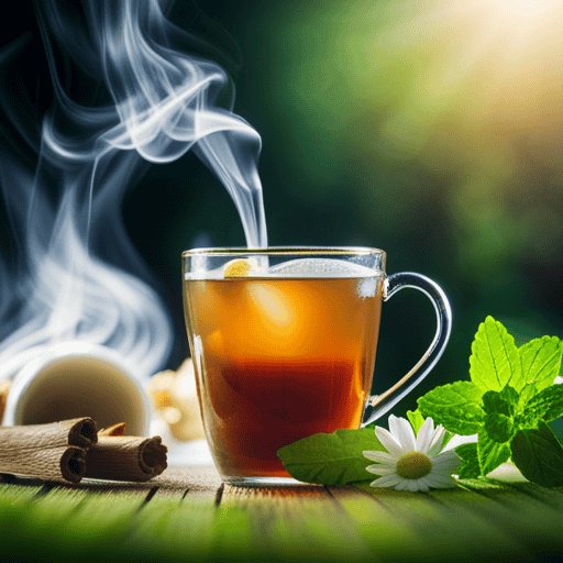 An image of a steaming cup of chamomile tea, surrounded by soothing mint leaves, fresh ginger slices, and a stack of peppermint leaves, all against a backdrop of a serene, green meadow