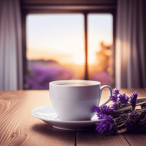 An image showcasing a serene scene: a steaming cup of chamomile tea, surrounded by soothing lavender flowers, with gentle sunlight filtering through a window, casting a calming glow on the table