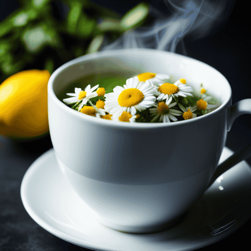 An image showcasing a steaming cup of aromatic chamomile tea infused with lemon, ginger, and honey