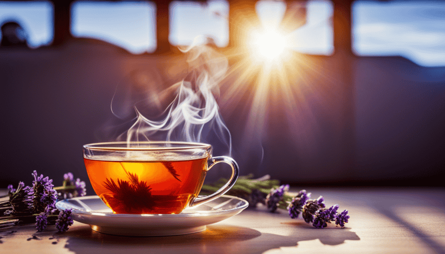 An image featuring a cup filled with aromatic chamomile tea, steaming gently as rays of warm sunlight filter through a window, illuminating a sprig of fresh lavender and a delicate spoon resting on the saucer