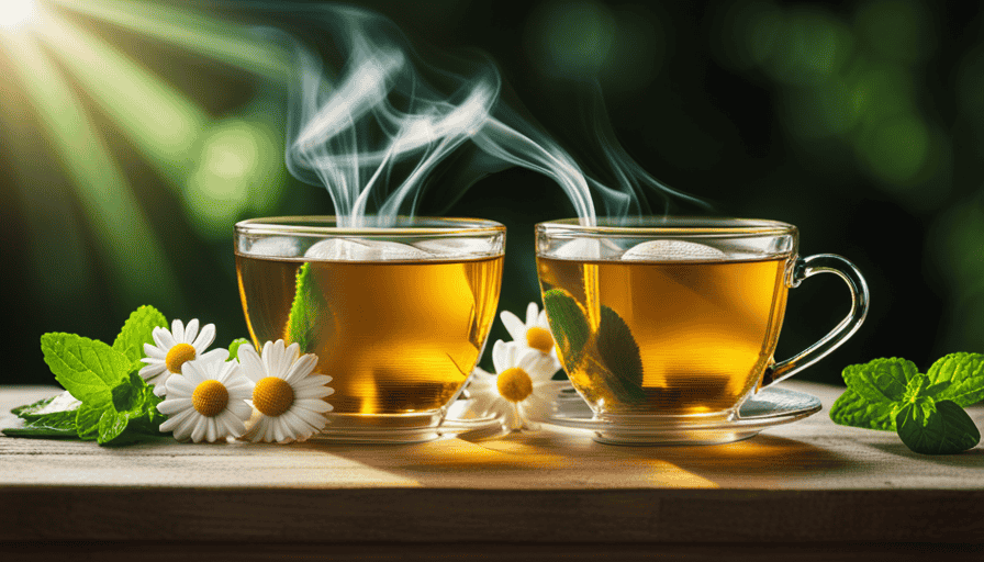 An image showcasing a soothing cup of chamomile tea, steam gently rising from its golden liquid