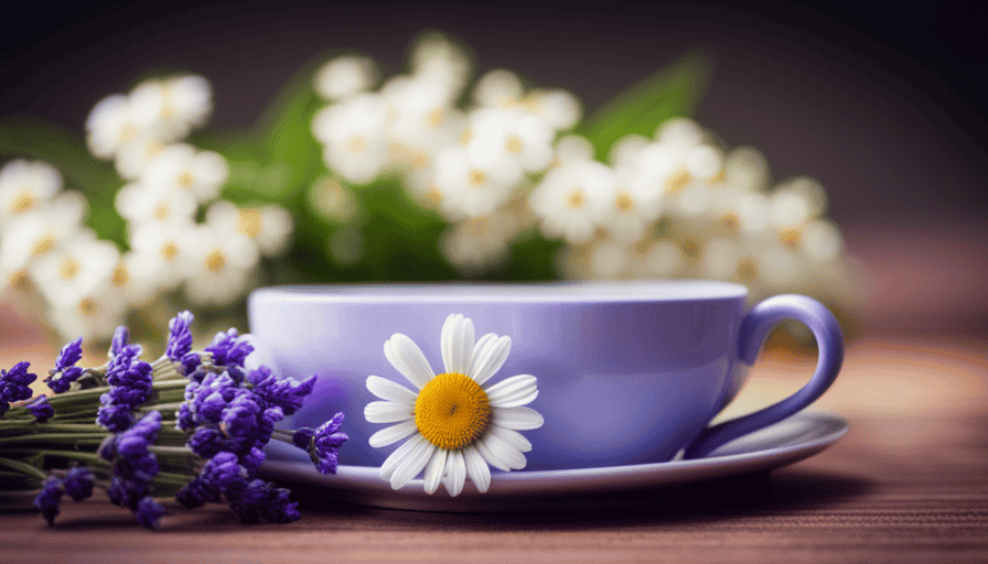 An image depicting a serene herbal tea scene: a soothing cup of chamomile tea gently steaming, accompanied by a sprig of fresh peppermint, with a backdrop of blooming lavender and ginger root