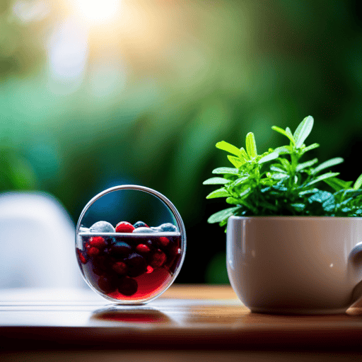 An image featuring a cozy mug filled with steaming herbal tea made from cranberries, juniper berries, and uva ursi leaves