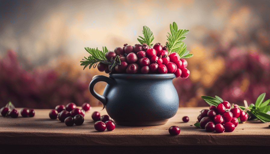 An image featuring a vibrant, hand-picked bunch of fresh cranberries alongside a delicate sprig of goldenrod, immersed in a steaming cup of chamomile tea