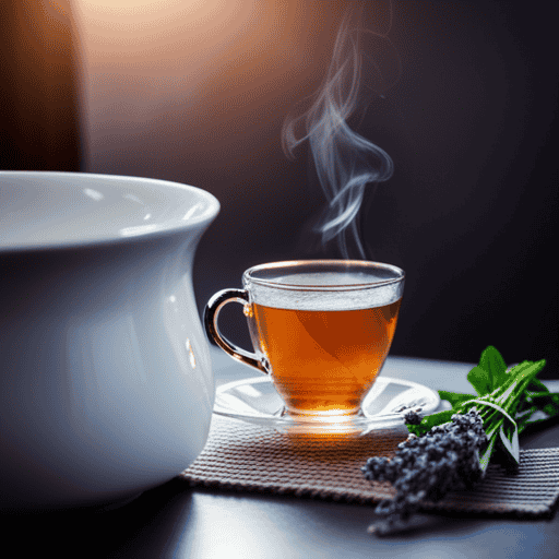 An image showcasing a serene scene with a cup of steaming chamomile tea surrounded by fresh ginger, peppermint leaves, and lavender buds, evoking a soothing and calming ambiance for a blog post on herbal tea remedies for vertigo
