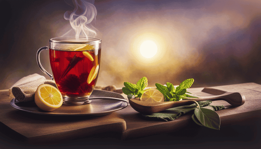 An image featuring a vibrant, steaming cup of chamomile tea infused with fresh lemon slices and a sprig of mint, accompanied by a colorful assortment of slimming herbs like green tea, dandelion, ginger, and hibiscus