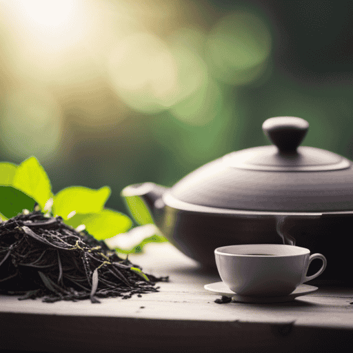 An image showcasing a serene, rustic setting with a variety of herbal tea leaves, carefully arranged according to their respective benefits, evoking a sense of tranquility and wellbeing