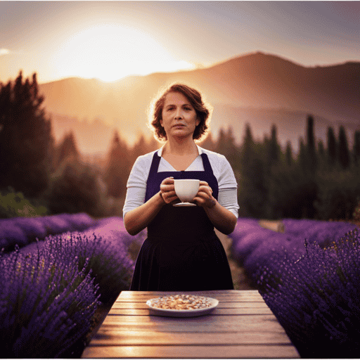 An image depicting a serene scene of a person holding a steaming cup of chamomile tea, surrounded by blooming lavender and eucalyptus plants, evoking a soothing atmosphere and suggesting relief from wheezing