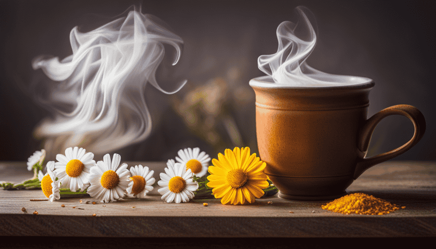 An image showcasing a steaming mug filled with aromatic chamomile tea, surrounded by fresh chamomile flowers, calendula petals, and a slice of lemon, symbolizing the soothing and healing properties of herbal tea for yeast infection