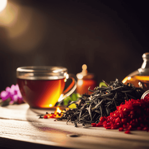 An image featuring a rustic wooden table adorned with an assortment of vibrant and aromatic herbal teas, showcasing their distinct colors, textures, and fragrances