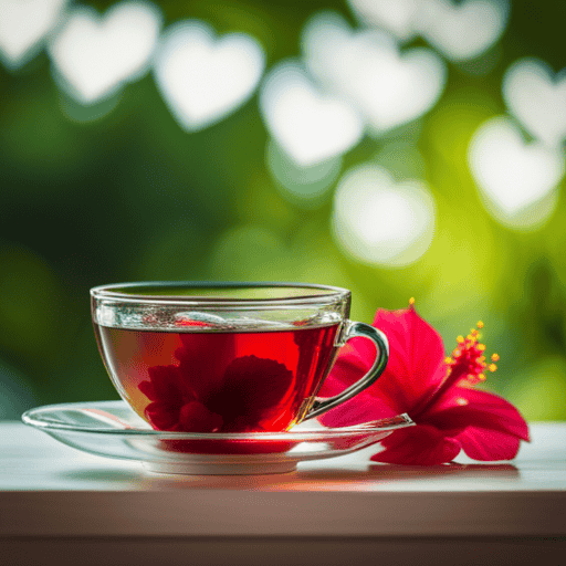 An image showcasing a serene teacup filled with vibrant hibiscus herbal tea, surrounded by fresh green leaves, with a backdrop of a beating heart formed by delicate chamomile blossoms