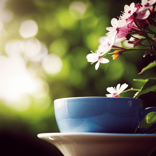 An image showcasing a serene backdrop of a blooming garden, featuring a delicate teacup filled with a vibrant herbal infusion specifically known for its potential benefits in combating bladder cancer