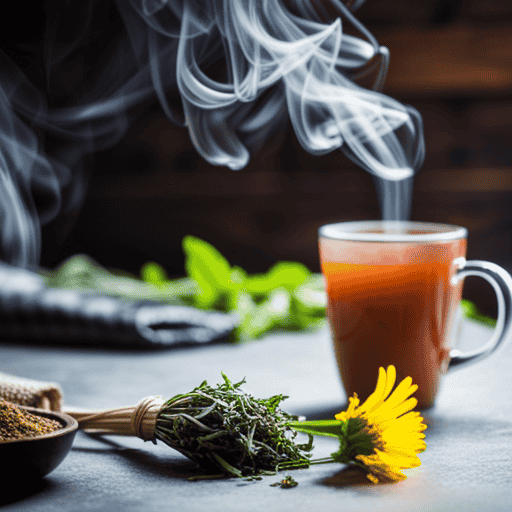 An image showcasing a vibrant assortment of freshly harvested herbs like dandelion, nettle, and chamomile, artfully arranged beside a steaming cup of herbal tea, alluding to the healing properties of herbal remedies for kidney infections