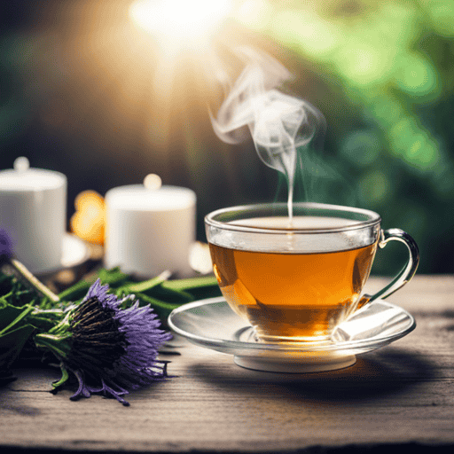 An image featuring a delicate porcelain tea set on a rustic wooden table, accompanied by a steaming cup of herbal tea rich in dandelion leaves, turmeric, and milk thistle, evoking a sense of comfort, healing, and liver and colon cancer prevention