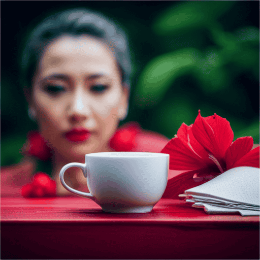An image showcasing a serene setting with a steaming cup of hibiscus tea surrounded by vibrant red flowers, emphasizing its potential to naturally lower high blood pressure