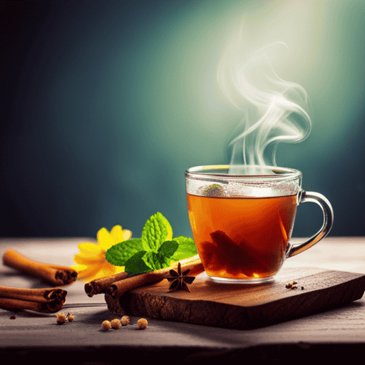 An image showcasing a steaming cup of chamomile tea with a cinnamon stick beside it, surrounded by fresh mint leaves and a sprinkle of turmeric, symbolizing herbal tea's potential to regulate sugar levels naturally