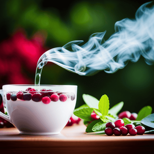 An image showcasing a soothing cup of herbal tea made from dried cranberries, juniper berries, and uva ursi leaves