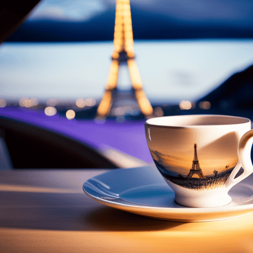 An image showcasing a charming French café scene, with a dainty porcelain teacup filled with fragrant chamomile tea, surrounded by vibrant lavender fields and a backdrop of the Eiffel Tower