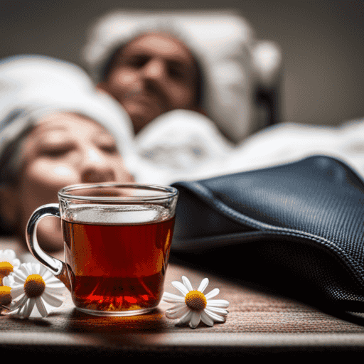 An image showcasing a serene setting with a cup of chamomile tea alongside blood pressure medication, emphasizing relaxation and health