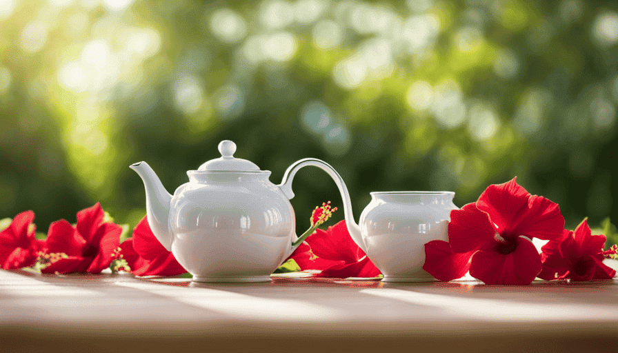 An image of a serene, sunlit garden with a wooden table adorned with a delicate teapot, surrounded by vibrant hibiscus flowers and fresh chamomile leaves